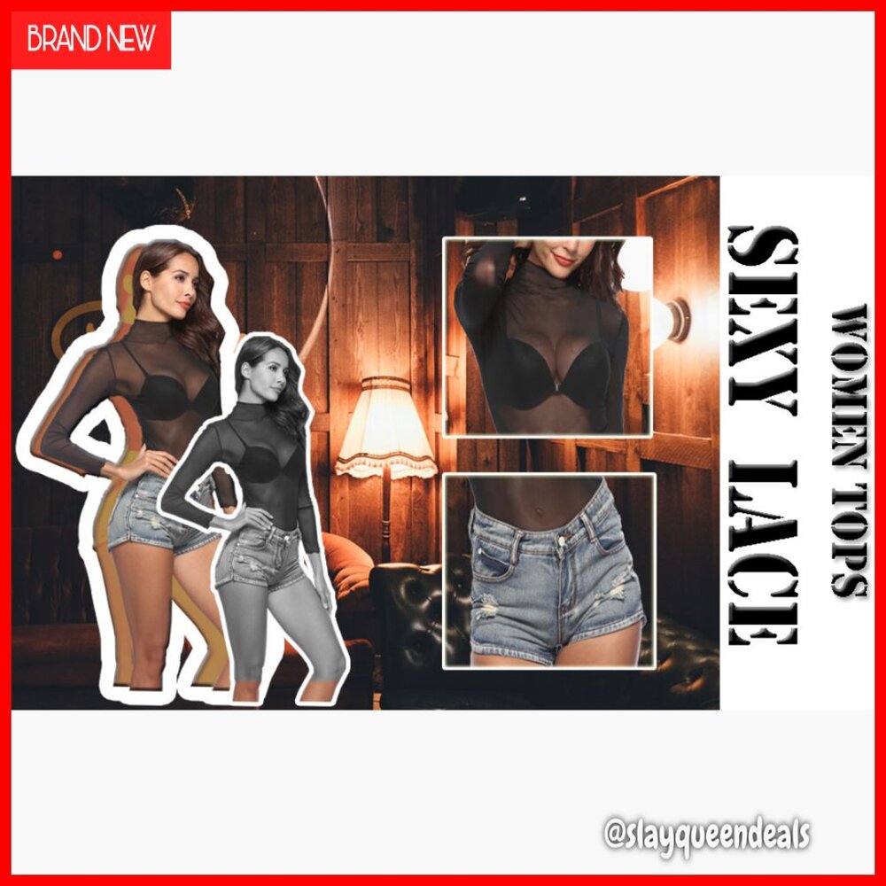 Long Sleeve Mesh Top Sheer Floral Embroidery Mock Neck Layering Tee - Picture 7 of 7